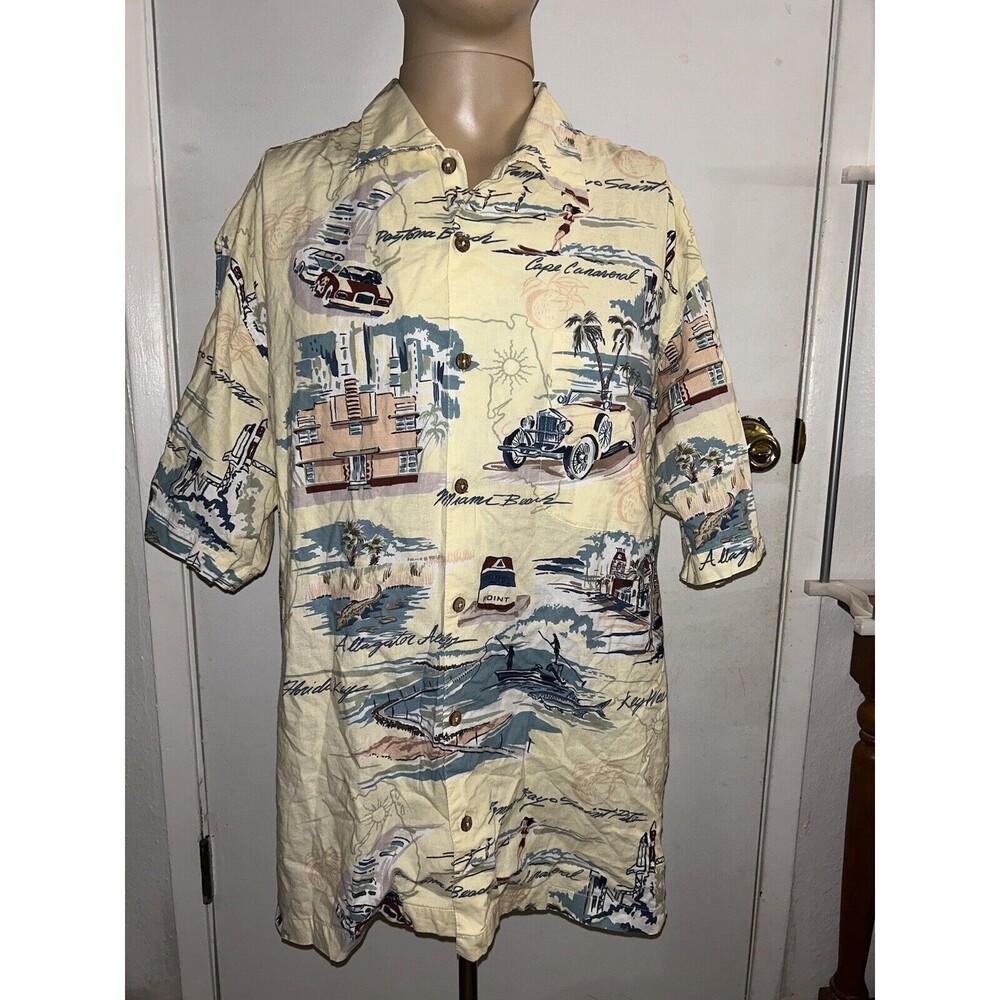 BLUEWATER Vintage Beige Florida Theme Hawaiian Shirt Men’s Beach Summer sz XL